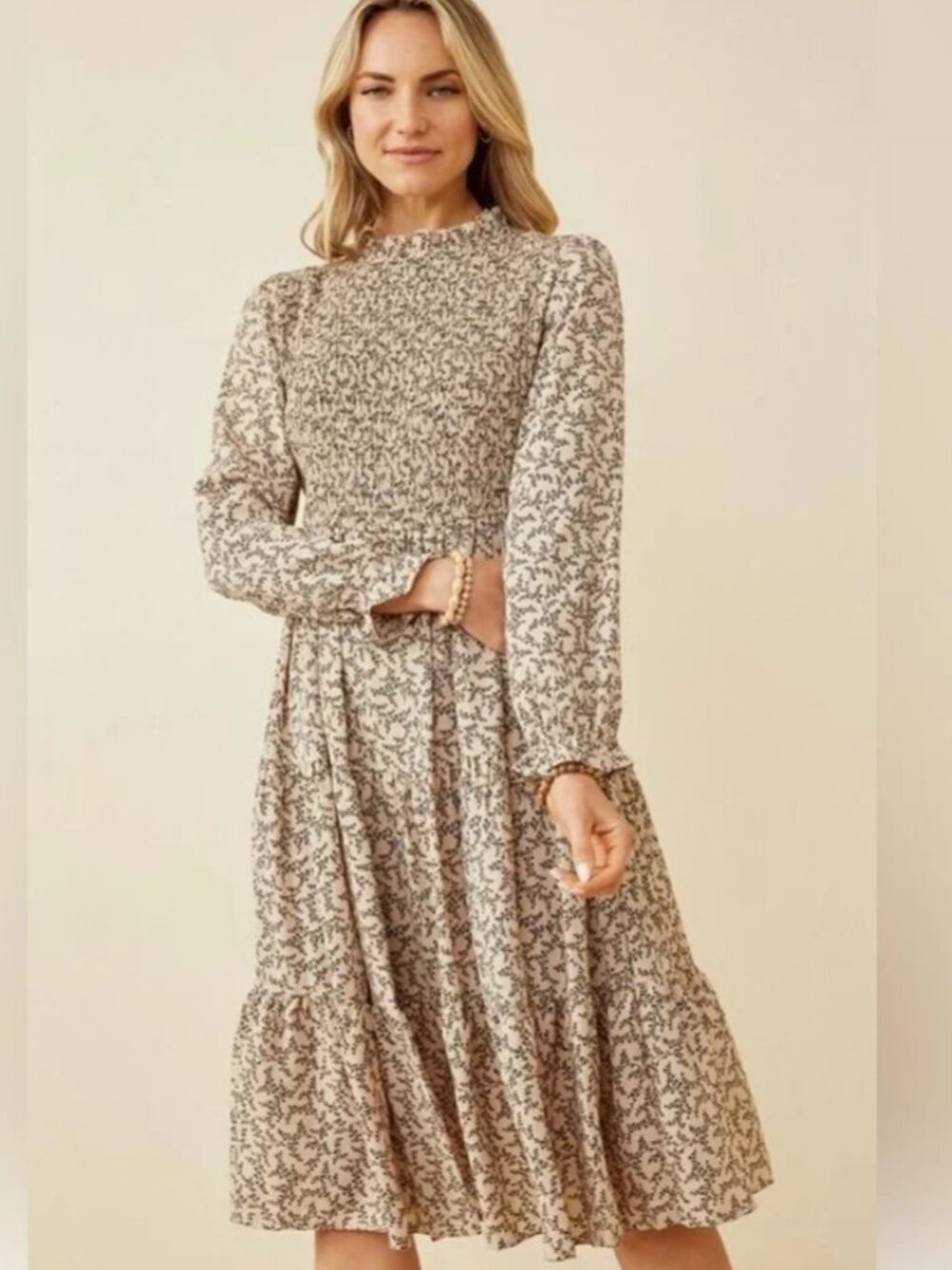 Long sleeve ruffle neck midi dress